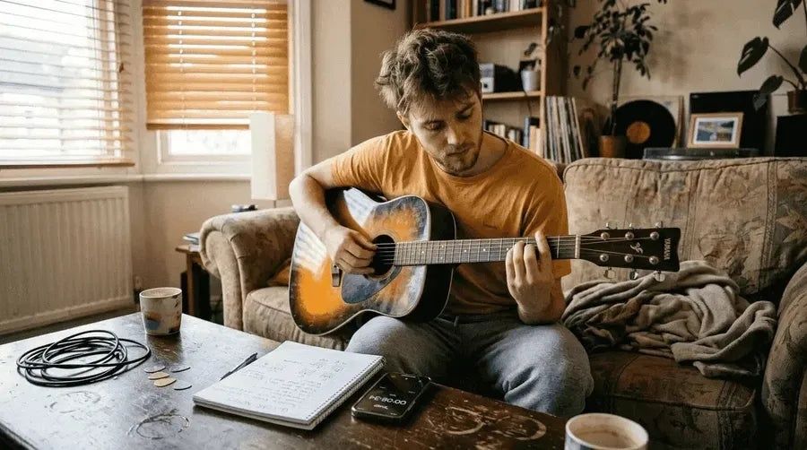 Guitariste travaillant son rythme avec partition et métronome